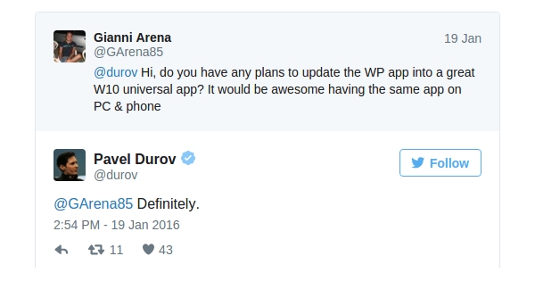 Telegram confirma App universal para Windows 10
